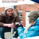Front cover reads: Harm Reduction and Illicit Substance Use_ Implications for Nursing. Canadian Nurses Association. Shows two people in winter clothing. One is handing a beverage from a thermos to the other.