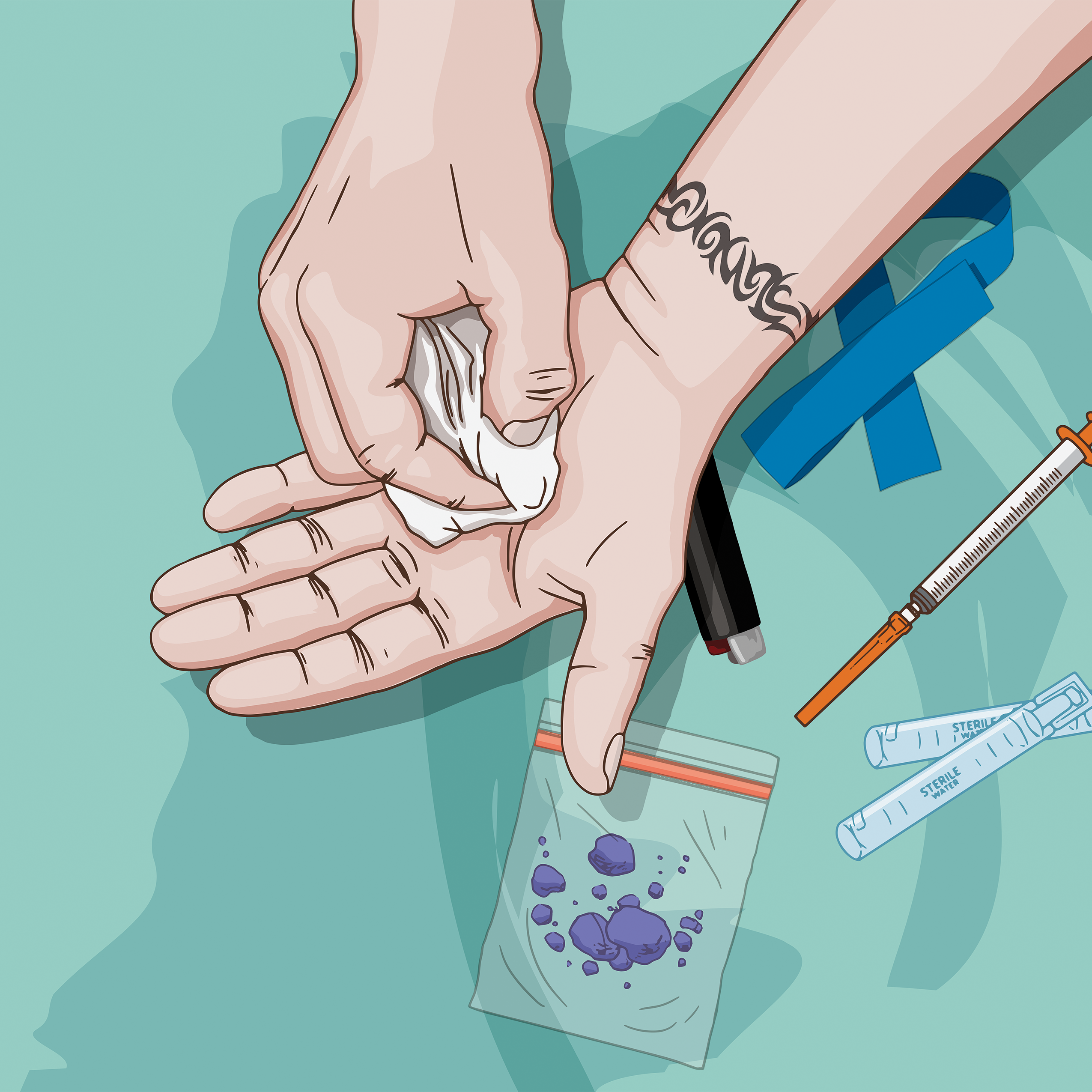 Illustration of a pair of hands preparing fentanyl